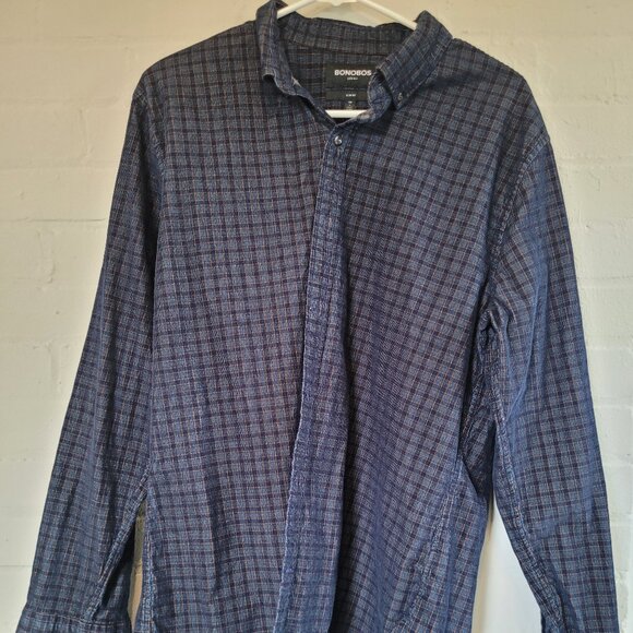 Bonobos Men's Slim Fit Stretch Grid Check Button Down Shirt Blue L - Picture 1 of 4